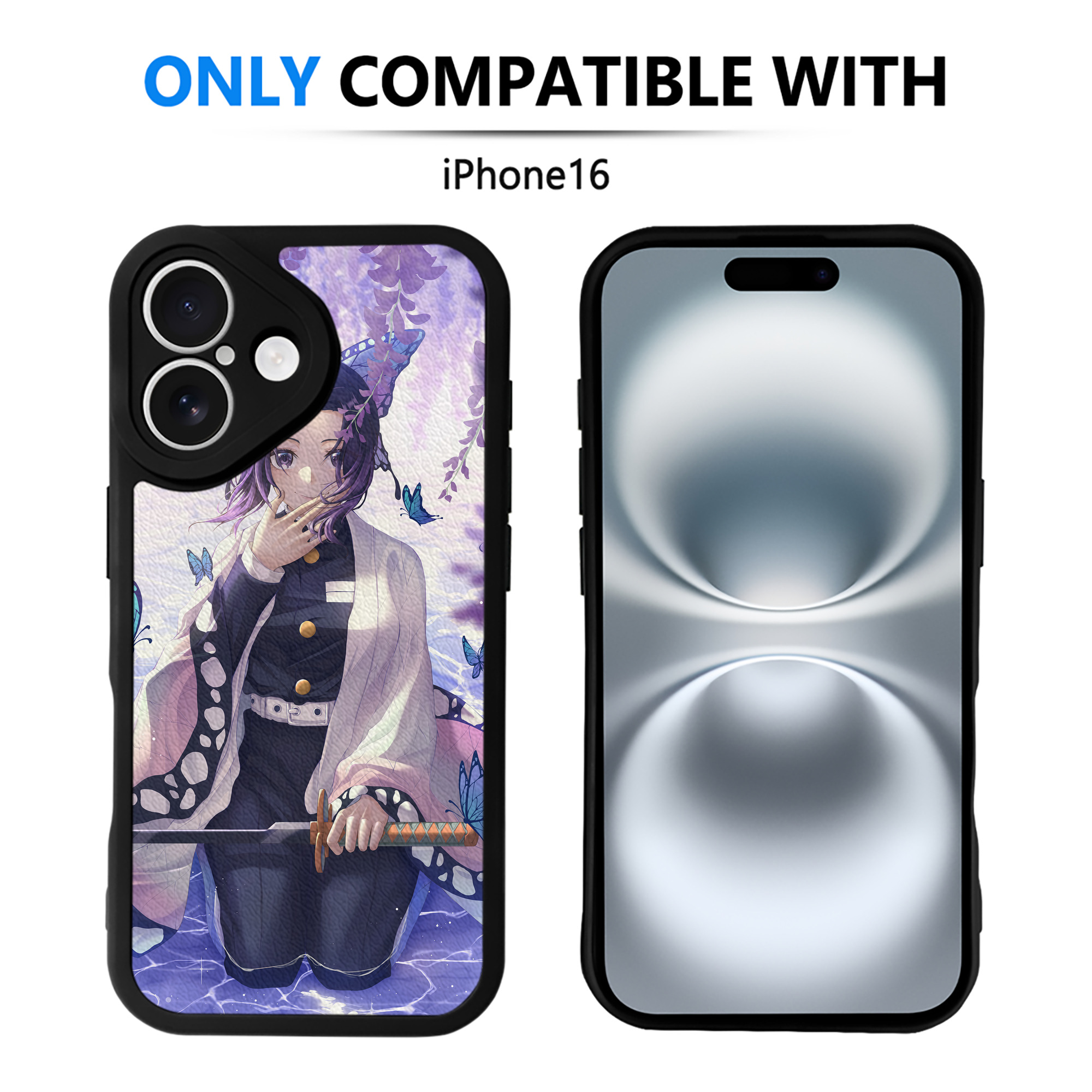 （画像用） 鬼滅の刃（きめつのやいば）蟲柱-胡蝶 しのぶ／こちょう しのぶ Kochou Shinobu 【iPhone 16シリーズ対応】シリコンスマホケース（レザー調） 材質：シリコン